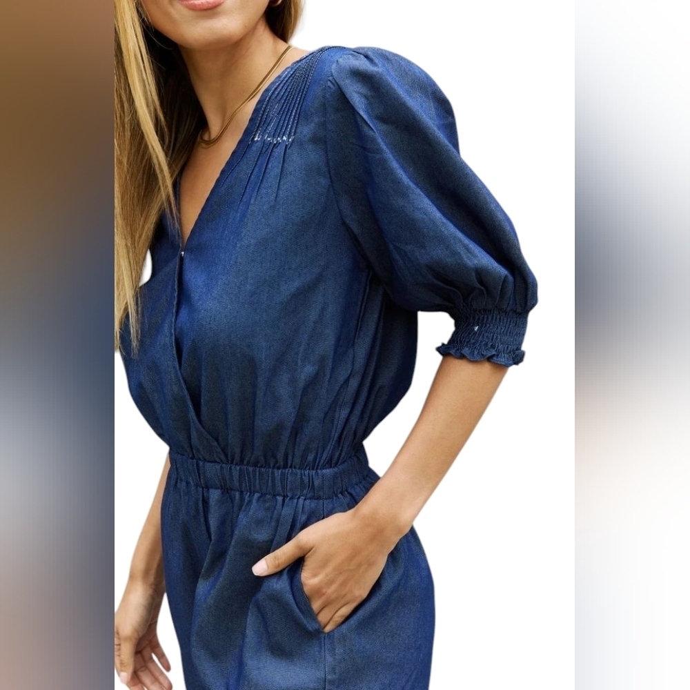 ODDI Women's Blue Puff Sleeve Denim Romper V-Neck Plus Size 3XL NWOT